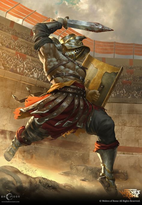 Gladiator Art, Scifi Gladiator, Roman Gladiator Art, Gladiator Painting, Gladiator Art Character Design, Fantasy Gladius, Fantasy Gladiator, Male Gladiator Art, Fantasy Gladiator Art