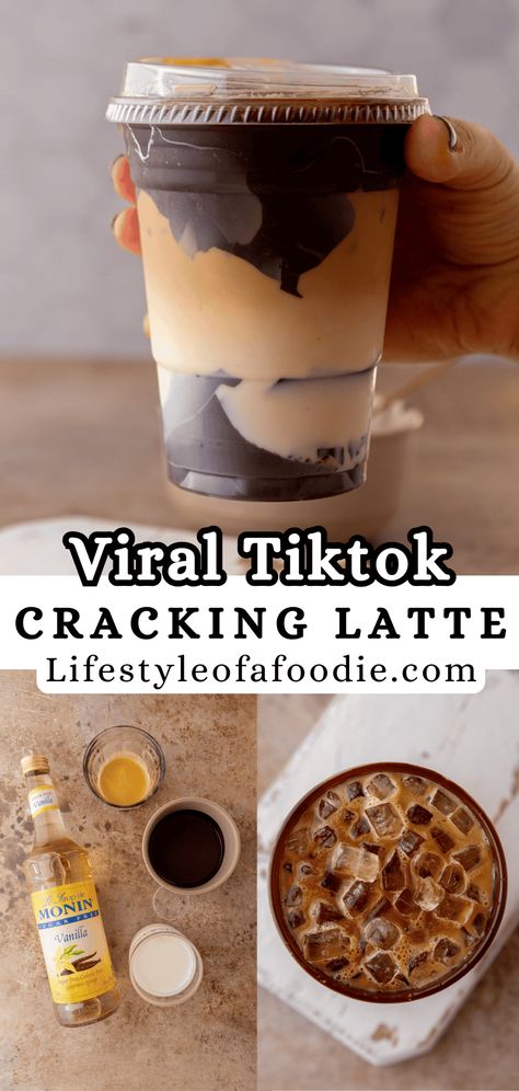 Try your hands at this Tiktok viral cracking latte recipe. It's so fun to make and enjoy! Copycat Coffee Drinks, Breville Coffee Recipes, Iced Coffee Espresso Recipe, Crazy Coffee Drinks, Cool Coffee Drinks, Biggby Coffee Copycat Recipes, Best Latte Recipe, Iced Coffee Ideas Recipes, Coffee Drive Thru Ideas