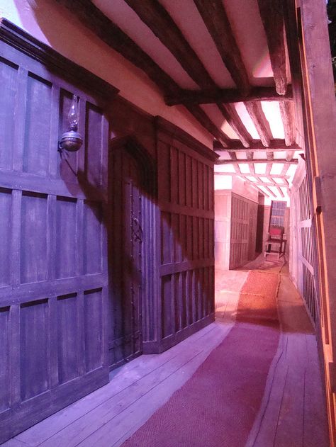 Leaky Cauldron. This hallway from the wizards pub and inn was designed using a visual technique called forced perspective, which makes it appear to be more than 50 feet long on the screen – an optical illusion. Hallway Perspective, Drawing Backgrounds, Leaky Cauldron, Forced Perspective, Background Reference, The Magnus Archives, Mischief Managed, Optical Illusion, Hermione