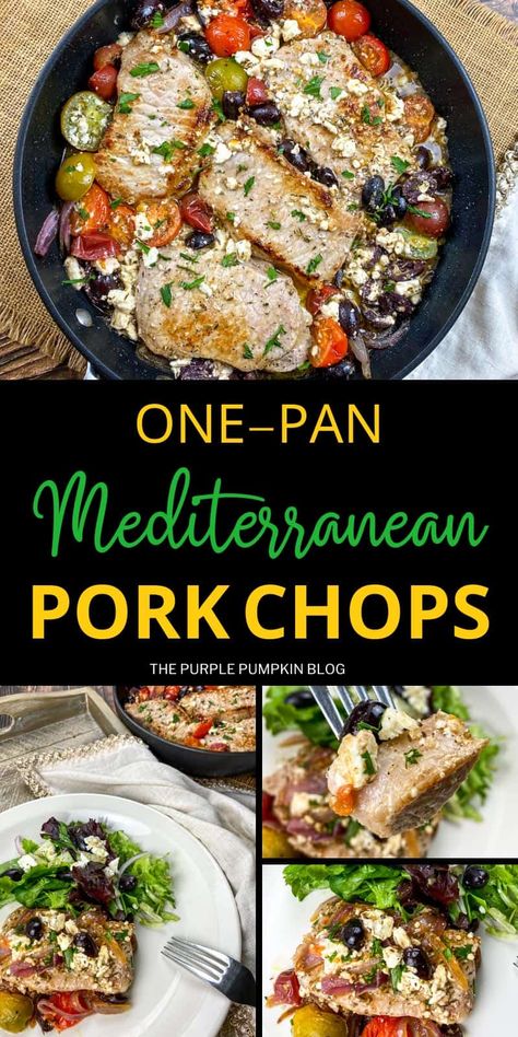 It's mid-week, you've been frantically busy all day and you're tired. You need a quick and simple one-pan dinner, that won't compromise flavor. This recipe for One-Pan Mediterranean Pork Chops is the perfect solution. Ready in 30 minutes, you just add fresh and dried herbs, lemon, tomatoes, Kalamata olives, and Feta to your chops and cook. Voila! Healthy Pork Chop Recipes Clean Eating, Mediterranean Pork Chops, Recipes Using Pork Chops, Mediterranean Diet Recipes Breakfast, Healthy Pork Chops, Healthy Pork Chop Recipes, Easy Mediterranean Recipes, Pan Pork Chops, Mediterranean Diet Recipes Dinners