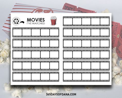 Free Printables | 365 Days of Dana | Page 5 Movie Tracker Template, Movie Ticket Journal Page, Movies Watched Journal, Movie Tracker Printable, Bullet Journal Films, Bullet Journal Tracking, Movie Bullet Journal Page, Movie Tracker Bullet Journal, Movie Tracker