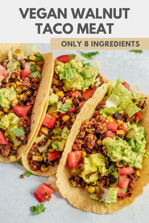 This vegan walnut taco meat recipe is the perfect filling for tacos and salad bowls. Made with black beans, walnuts and chipotle peppers. Super flavorful, only 8 ingredients and naturally gluten-free! Walnut Taco Meat, Taco Meat Recipe, Vegan Taco Salad, Vegan Tacos Meat, Taco Bowl Recipe, Healthy Vegan Dinner Recipes, Taco Meat Recipes, Chipotle Peppers, Healthy Plant Based Recipes