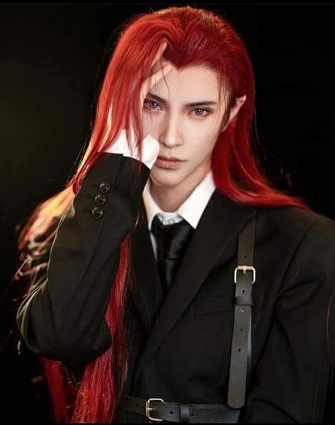 Hands On Face, Long Pink Hair, Red Hair Men, Victorian Man, Elf Cosplay, Asian Cosplay, Epic Cosplay, Long Red Hair, Anime Guys Shirtless