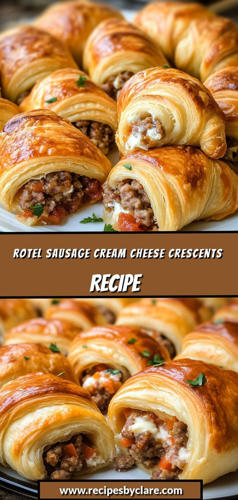 Savory, cheesy, and perfectly wrapped in crescent rolls—these easy bites are a hit at any gathering!

Ingredients:

1 can (8 oz) crescent roll dough
1 pound breakfast sausage, cooked and crumbled
1 cup cream cheese, softened
1 can (10 oz) Rotel diced tomatoes with green chilies, drained
These golden crescents are filled with a delicious blend of sausage, cream cheese, and Rotel, making them an irresistible snack or appetizer! Royal Sausage And Cream Cheese Crescents, Rotel And Cream Cheese Crescents, Rondele Cheese Recipes, Stromboli Crescent Rolls, Wiener Roast Food Ideas, Sausage Cheese Crescent Rolls, Rotel Sausage Cream Cheese Croissant, Rotel Cream Cheese Crescents, Recipes With Dinner Rolls