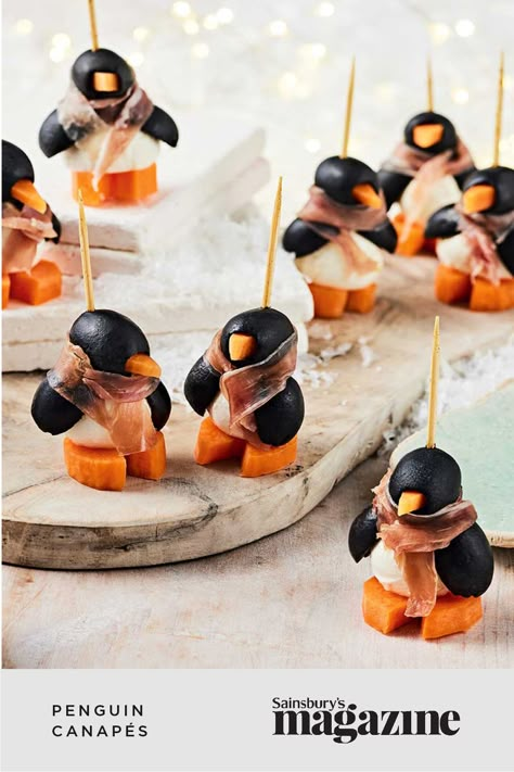 These little nibbles are as cute as can be, and tasty too! Get the Sainsbury's magazine recipe Dinner Party Theme Ideas, Wimbledon Recipes, Festive Buffet, Christmas Bites, Christmas Entertaining Ideas, Christmas Day Food, For Auld Lang Syne, Snack Humor, Salad Skewers