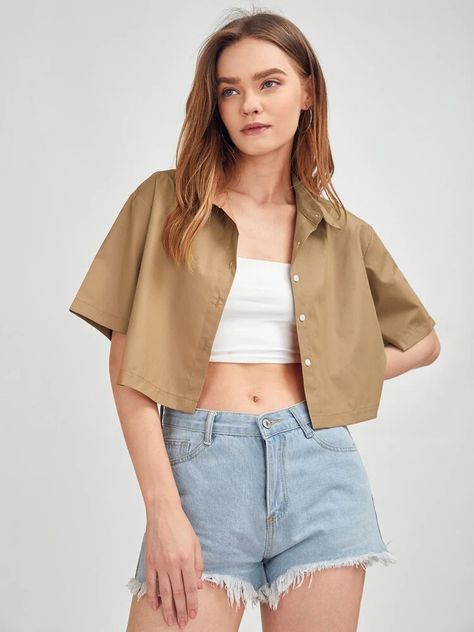 Cropped Shirt Outfit, Minimal Dress, Beige Shirt, Beige Outfit, Fancy Tops, Outfit Mujer, Casual Work Outfits, Flounce Sleeve, Indian Designer Wear