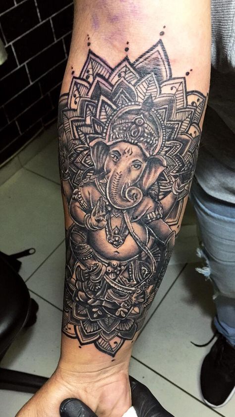 Ganesha Tattoo Design For Men, Bappa Tattoo, Cyclops Tattoo, Ganesha Tattoo Sleeve, Buddhist Symbol Tattoos, Hindu Tattoos, Ganesh Tattoo, Band Tattoos, Forearm Band Tattoos