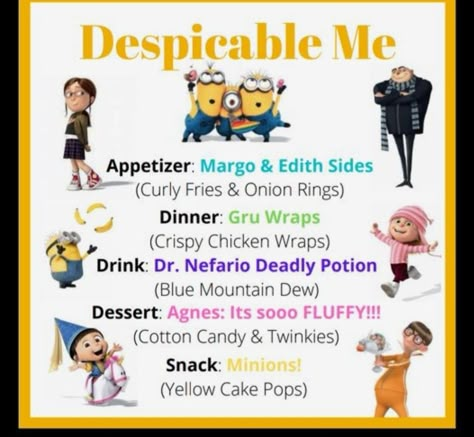 Despicable Me Food Ideas, Despicable Me Movie Night Food, Despicable Me Movie Night, Movie Night Dinner Ideas Kids, Dinner Movie Theme Night, Disney Movie Dinner Ideas, Disney Theme Dinner Movie Nights, Themed Movie Nights For Kids, Dinner And A Movie Ideas