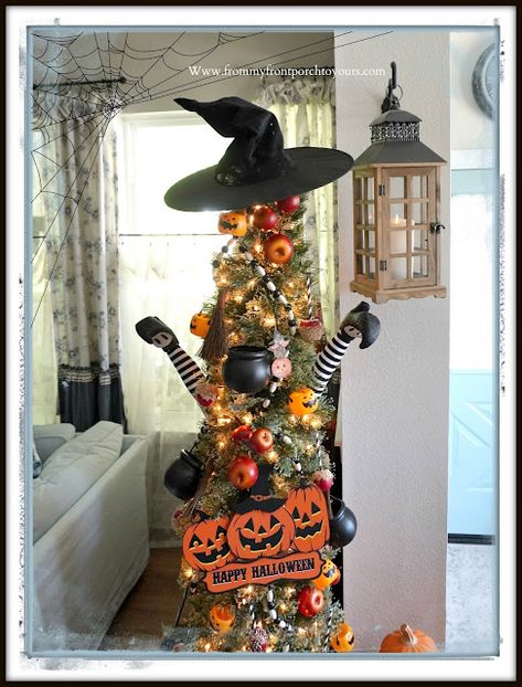 Fun Vintage Halloween Festive Christmas Tree-witch-legs-witch-hat-pumpkin-sign-From My Front Porch To Yours Apple Ornaments, Witch Decorations, Halloween Tree Decorations, Halloween Christmas Tree, Bethany Lowe Halloween, Cute Halloween Decorations, French Farmhouse Style, Diy Home Projects, Witch Legs