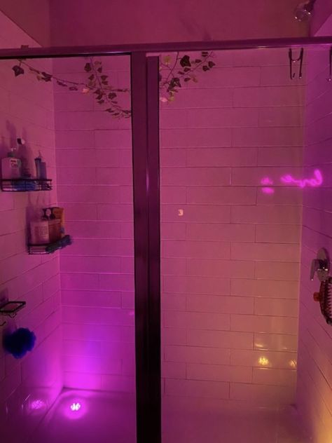 Led Aesthetic Bathroom, Neon Shower Aesthetic, Aesthetic Bathroom Ideas Led Lights, Glow Bathroom Ideas, Bathroom Ideas Neon, Tiktok Bathroom Aesthetic, Baddie Bathroom Ideas Aesthetic, Vibey House Aesthetic, Bathroom Decor Ideas Y2k