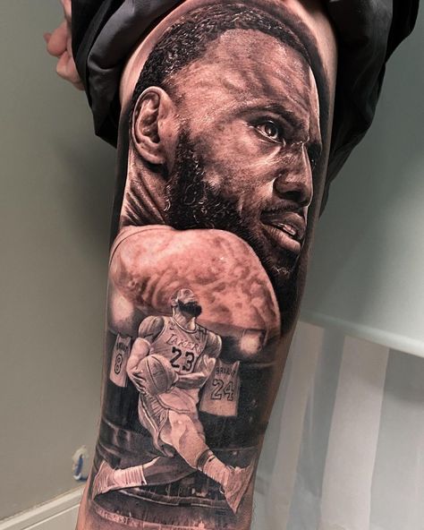 Lakers Tattoo, Lebron James Tattoos, Tatuaje Cover Up, Leg Sleeve, Leg Sleeves, Kobe Bryant, Lebron James, Ronaldo, Portrait Tattoo