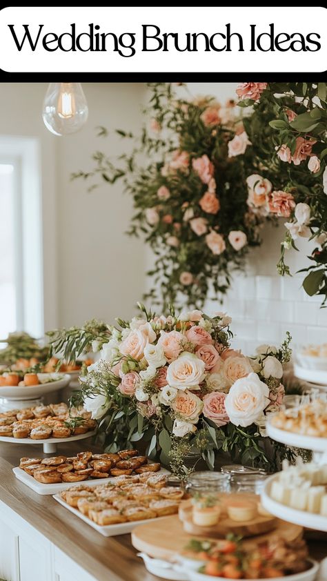 Elegant wedding brunch setup with buffet, finger foods, and decorative table settings for a memorable bridal party brunch. Wedding Day Food For Bridal Party, Brunch Layout Ideas, Wedding Brunch Ideas, Omelette Bar, Brunch Menu Ideas, Brunch Decorations, Elegant Brunch, Bagel Bar, Brunch Inspiration