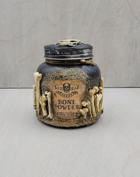 Bones In Jars, Polymer Clay Jar Lid, Polymer Clay Jars Ideas, Clay Jars With Lids, Polymer Clay Decorations, Clay Bones, Polymer Clay Home Decor, Polymer Clay Jar, Diy Halloween Apothecary Jars