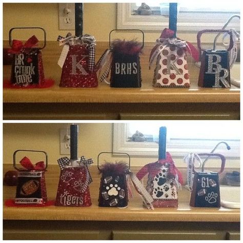 Show off your school spirit by decorating a cowbell or two to bring with for those football games. Football Cowbells, Cowbell Decorations, Bell Crafts, Football Fundraiser, Cheer Football, Homecoming Spirit, Spirit Gear, Craft Bells, Cheer Spirit