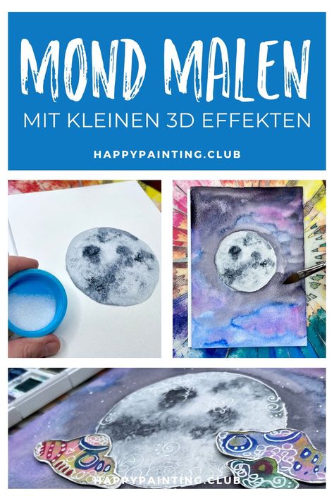 Magst du mit uns einen Mond in Aquarell malen und dazu eine faszinierende Nachtszenerie mit 3D Effekt gestalten? Unsere Linda aus dem Happy Painting Team zeigt dir in einer Video-Anleitung, wie leicht das geht. Ergänzend zum Video haben wir dir alles in einer Schritt-für-Schritt-Anleitung in diesem Blogartikel zusammengefasst. Ganz einfach malen, auch für Anfänger. #happypainting Happy Painting, Happy Paintings, Creative Work, Paint