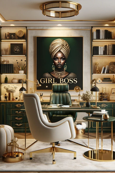 Green Gold Office Decor, Elegant Office Decor Luxury, Home Office Gold Accents, Black And Gold Office Design, Dream Home Office Luxury, Upscale Office Design, Glamorous Office Ideas, Emerald Green And Gold Office, Green And Gold Room Ideas Bedroom