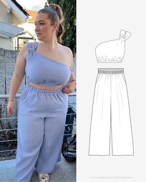 Sewing pattern co-ord summer set made from sky blue cotton. DIY summer wardrobe with high waist Culotte and asymmetric twisted crop top Summer Co Ord Sets Pants, 2 Piece Outfit Set Summer, Co Ords Outfits Summer, Set Sewing Pattern, Co Ord Sets Pants, Co Ords Outfits, Culotte Pants, Summer Sewing, Summer Lookbook