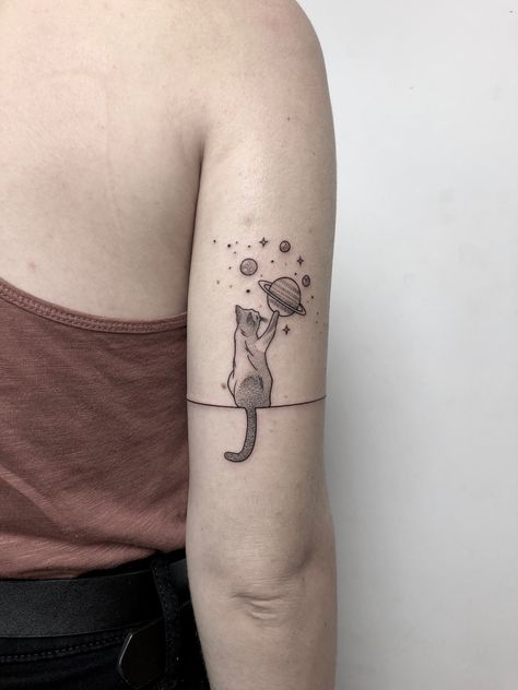 Cat Playing With Planets Tattoo, Aquarius Cat Tattoo, Cat And Space Tattoo, Artsy Cat Tattoo, Cat Galaxy Tattoo, Cat Planet Tattoo, Playful Cat Tattoo, Retro Space Tattoo, Cat In Space Tattoo