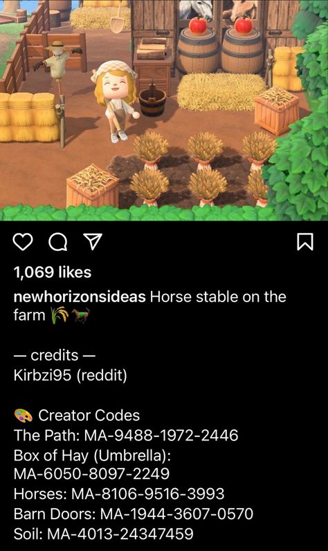 Animal Crossing Horse Stable, Acnh Horse Stable Code, Acnh Horse Stable, Cottagecore Art, Barn Animals, Horse Stable, Acnh Codes, Acnh Inspo, Island Ideas