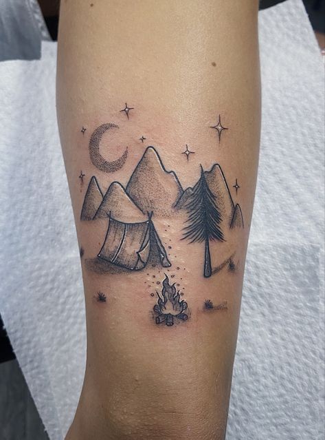 Campsite Tattoo, Harley Tattoo, Camping Tattoo, Harley Tattoos, Adventure Tattoo, Whimsical Tattoos, Scene Tattoo, La Tattoo, King Pin