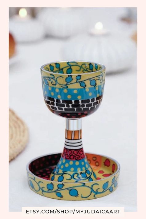 JEWISH WINE GLASS Shabbat Dinner Table, Jewish Kitchen, Shabbat Table, Shabbat Dinner, Jewish Weddings, Kiddush Cup, Passover Seder, Judaica Gifts, Painted Cups