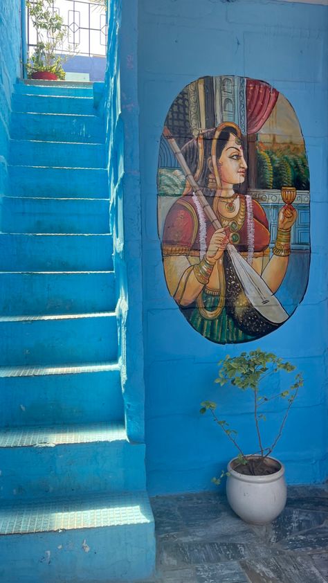 #painting #blue #jodhpur #rajasthan #stairs #india Rajasthan Street Photography, Desi Blue Aesthetic, Jodhpur Aesthetic, Blue Indian Aesthetic, Jodhpur Photography, Rajasthan Aesthetic, Reference Background, Blue City Jodhpur, Blue Pottery Jaipur