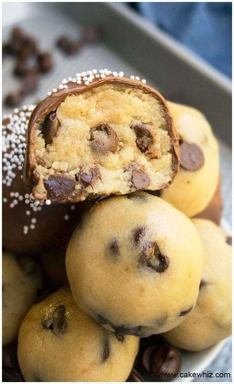 Chocolate Chip Cookie Dough Truffles (Eggless) - CakeWhiz Cookie Dough Ideas, Cookie Dough Cake Pops, Chocolate Chip Cookie Dough Truffles, Eggless Cookie Dough, No Bake Cookie, Cookie Dough Cake, No Bake Cookie Dough, Cookie Dough Truffles, Truffles Recipe