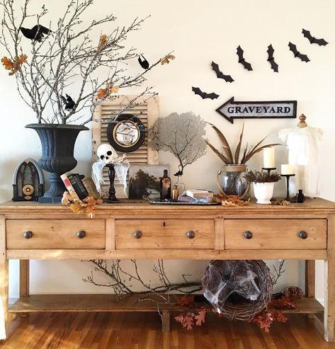 Entry Way Table Halloween Decor, Halloween Console Table, Halloween Credenza Decor, Halloween Sideboard Decor, Spooky Entryway Table, Halloween Entry Table, Foyer Table, Seasonal Displays, Table Display