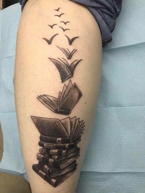 Books taking flight by Michael Heard, Arch Angel Tattoo in Columbus Georgia. Open Book Tattoo, Book Tattoos, Bookish Tattoos, Fairy Tattoo Designs, Muster Tattoos, Tattoos For Lovers, Cat Tattoos, Tiny Tattoo, Arrow Tattoo