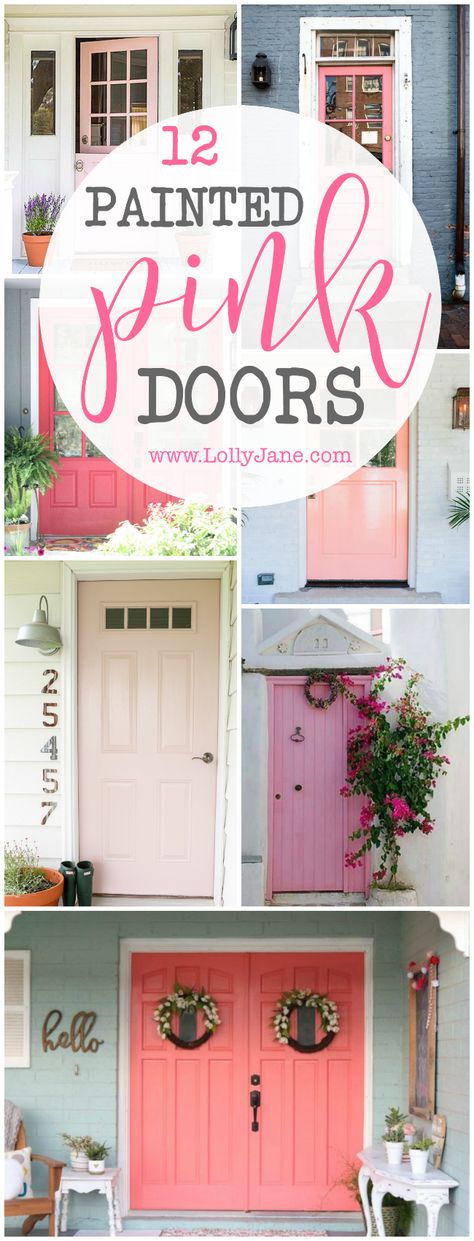 12 Painted Pink Door Ideas, so cute! - Pink Door Ideas - Lolly Jane Pink Door Blue Shutters, Homes With Pink Front Doors, Pink Front Door Beige House, Colourful Front Door Ideas, Pink Front Porch Ideas, Pink Door Blue House, Blue House With Pink Door, Pink Front Door Ideas, Pink Front Door Paint Colors