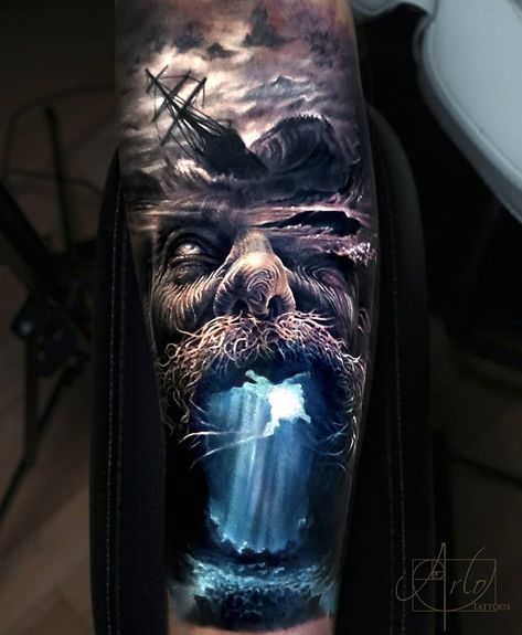 Arlo Tattoo, Kurt Tattoo, Tato 3d, Underwater Tattoo, Poseidon Tattoo, Pirate Tattoo, Nautical Tattoo, Inspiration Tattoos, Mythology Tattoos