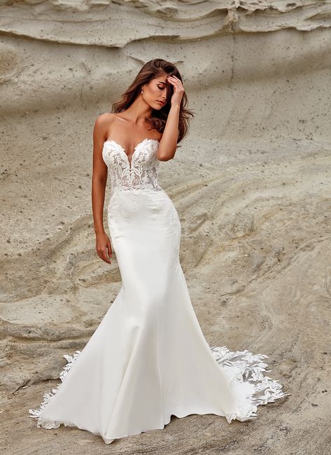 SIERRA is a crepe mermaid gown with ivory lace and sequins over a ivory-champagne-skin unlined bodice with Chantilly lace, ivory stretchy lining, buttons to the end of the train, and detachable swag sleeves. Style: Sierra_dr2409 #bridalgowndesigner #bridalgownshopping #bridalgowns #mermaiddress #mermaiddresses #mermaidgown #mermaidweddingdress #mermaidweddinggown #straplessdress Wedding Gown Preservation, Eddy K, Wedding Gowns Mermaid, Top Wedding Dresses, Designer Bridal Gowns, Dress Shopping, Dresses 2023, Winter Wedding Dress, Mermaid Gown