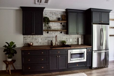 Basement Kitchenette With Full Size Fridge, Basement Kitchenette Black Cabinets, Black Kitchenette Cabinets, Black Kitchenette, Guest House Kitchenette, Kitchenette Ideas Mini Kitchen, Basement Mini Kitchen, Basement Kitchenette With Fridge, Basement Kitchen Ideas