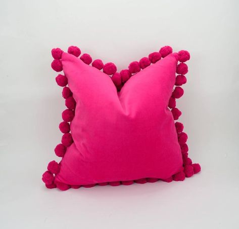 Hot Pink Throw Pillows, Pink Velvet Pillow, Pom Pom Pillow, Navy Throw Pillows, Pink Pom Pom, Pom Pom Pillows, Dorm Room Inspiration, Pink Cushions, College Room