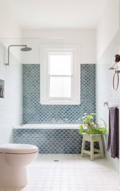 Photo 12 of 15 in A Cramped Bungalow Is Reborn as an Eco-Minded Home for Two Gardeners - Dwell Bathroom Makeovers, Fish Scale Tile, Open Showers, Small Bathtub, Bad Inspiration, Bathroom Renos, Rustic Bathroom, Shower Stall, Small Bathroom Remodel