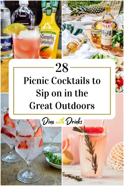 Collage of 4 picnic cocktails. Picnic Drinks Alcohol, Picnic Cocktails, Gin Mixed Drinks, Picnic Drinks, Best Cocktails, Batch Cocktails, Outdoor Gathering, Picnic Date, Easy Drinks