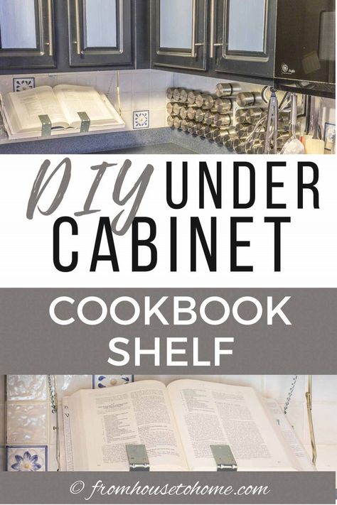 This DIY cookbook shelf is awesome for kitchen organization! It installs under your kitchen cabinets to keep your countertop clear, keeps cookbooks open to the right page, can easily hold an iPad, and folds up out of the way for easy storage when you're not using it. Pull Down Shelf, Cookbook Shelf, Diy Cookbook, Sewing Room Storage, Cookbook Holder, Cook Book Stand, Space Saving Kitchen, Kitchen Organization Diy, Diy Kitchen Remodel