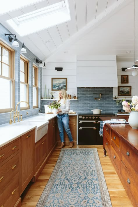 Charming Farmhouse, Oak Kitchen Cabinets, Farmhouse Remodel, The Home Edit, Blue Tile, Emily Henderson, Oak Kitchen, The Farmhouse, Unique Kitchen