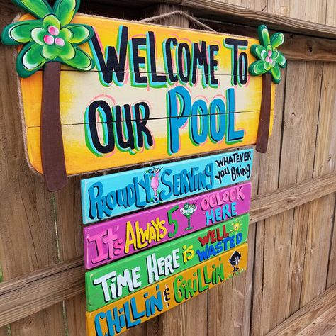 Paradise Pools, Tiki Bar Signs, Pool Storage, Pool Life, Surfboard Wall Art, Surfboard Wall, Backyard Beach, Pool Signs, Backyard Pool Landscaping