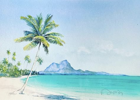 Hawaii Watercolor Paintings Easy, Surf Watercolor Paintings, Beach Watercolour Painting, Beach Watercolor Paintings, Palm Tree Watercolor, Island Watercolor, Hawaii Landscape, Ocean Art Painting, Digital Art Journal