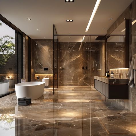 A bathroom with a tub and two sinks and a tub | Premium AI-generated image Large Walk In Shower With Tub, Walk In Shower With Tub, Massive Bathroom, Bathroom With A Tub, Huge Bathroom, Bathroom With Tub, Shower Area, Dream Shower, Brown Marble