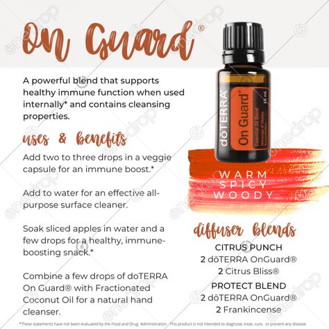 doTERRA On Guard, a proprietary essential oil blend, provides a natural and effective alternative for immune support when used internally.* As one of doTERRA’s best-selling blends, doTERRA On Guard protects against environmental and seasonal threats with essential oils known for their posi... #uplifting #antioxidant #diffuser blend #cleaning #purify #onguard #immune #immune system #immune boost #internal use #jan #Kohler #Jan Kohler #wellnessadvocate #doterra #wellnessstockphotos #onedropdes On Guard Essential Oil, Doterra On Guard, Onguard Doterra, Essential Oil Education, Doterra Essential Oils Recipes, Diffuser Blend, Diffuser Recipes, Doterra Oils, Essential Oil Blend