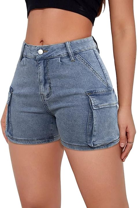 Jeans With Side Pockets, Cargo Denim Shorts, Womens Jean Shorts, Jean Shorts High Waisted, Cargo Outfit, Plus Size Summer Tops, Cargo Shorts Women, High Waisted Jean, Shorts Outfits Women