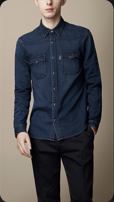 Kemeja Jeans, Flannel Shirt Outfit, Fitted Denim Shirt, Denim For Men, Mens Vest Fashion, Burberry Clothing, Casual Denim Shirt, Bespoke Shirts, Mens Clothing Brands