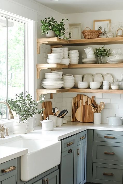 Give your kitchen a farmhouse makeover with DIY cabinets and shelving! These easy projects will add a rustic, cozy feel to your space, perfect for creating a warm, inviting kitchen. 🏡✨ #FarmhouseKitchenMakeover #DIYCabinets #RusticShelving #KitchenRenovation #DIYHomeProjects Farmhouse Kitchen Shelving Ideas, Open Shelving Farmhouse Kitchen, Open Shelving And Cabinets In Kitchen, Shelves Instead Of Kitchen Cabinets, Upper Kitchen Shelves, Range Hood Ideas With Open Shelving, No Cupboards In Kitchen, Diy Kitchen Shelves Wall Shelves, Kitchen With Shelves And Cabinets