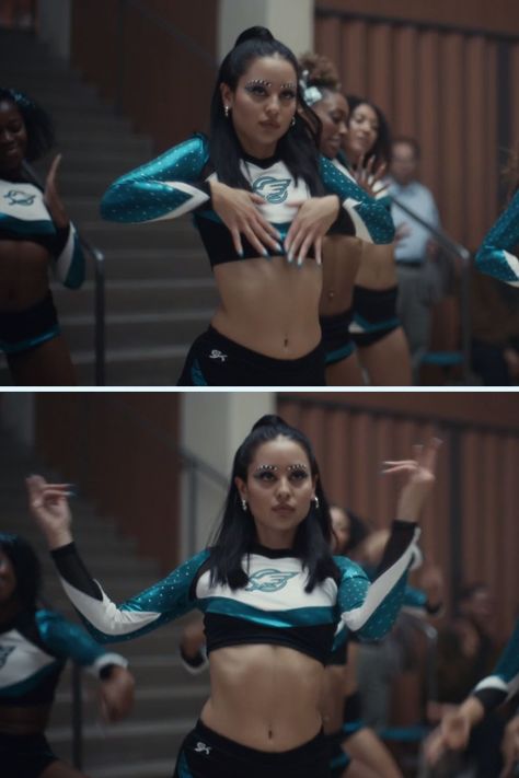 Alexa Demie as Maddy Perez in Euphoria | Cheerleading Outfit Euphoria Cheerleading, Maddy Perez Cheerleader, Outfit Euphoria, Green Cheerleader, Carnival Outfit, Maddy Perez, Euphoria Fashion, Iconic Outfits, Girls Halloween Outfits