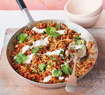 Carrot biryani recipe | BBC Good Food Healthy Recipes Pork, Vegetarian Recipes High Protein, Indian Vegetarian Dinner Recipes, Vegetarian Biryani, Veg Dinner Recipes, Indian Vegetable Recipes, Protein Vegetarian Recipes, Indian Vegetarian Dishes, Indian Dinner Recipes