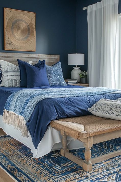 Blue Bed Spread, Jewel Toned Bedroom, Mexico Bedroom, Blue Bedroom Ideas For Couples, Navy Blue Bedroom Walls, Blue Boho Bedroom Ideas, Jewel Toned Bedroom Decor, Danish Bedroom, White Coastal Bedroom