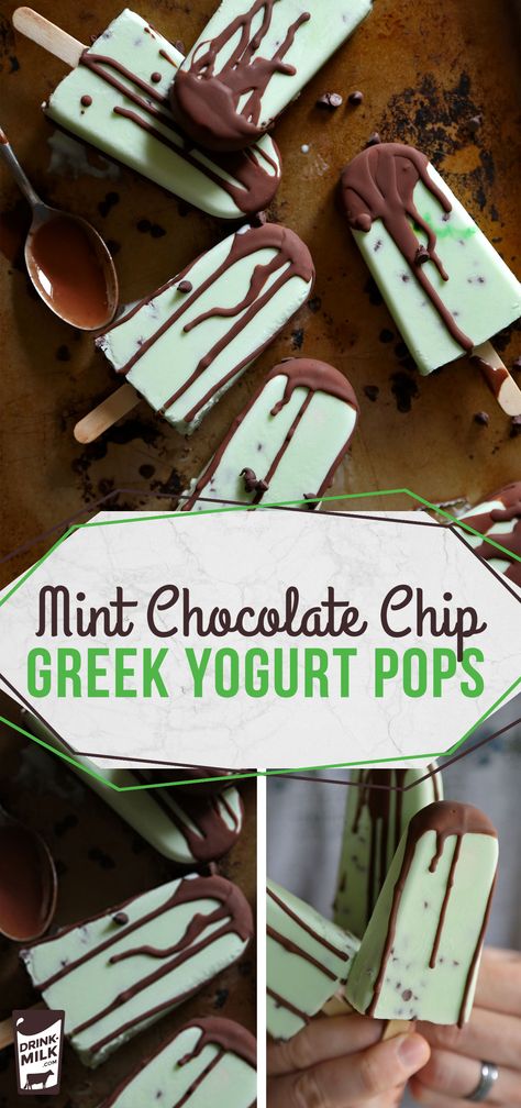 Mint Chocolate Chip Greek Yogurt Pops are a cool, healthy treat. Healthy Mint Chocolate Chip Ice Cream Greek Yogurt, Mint Chocolate Chip Frozen Yogurt, Greek Yogurt Ice Pops, Chocolate Yogurt Popsicles, Homemade Greek Yogurt Popsicles, Healthy Yogurt Popsicles, Frozen Greek Yogurt Popsicles, Diy Frozen Yogurt Pops, Yogurt Ice Pops