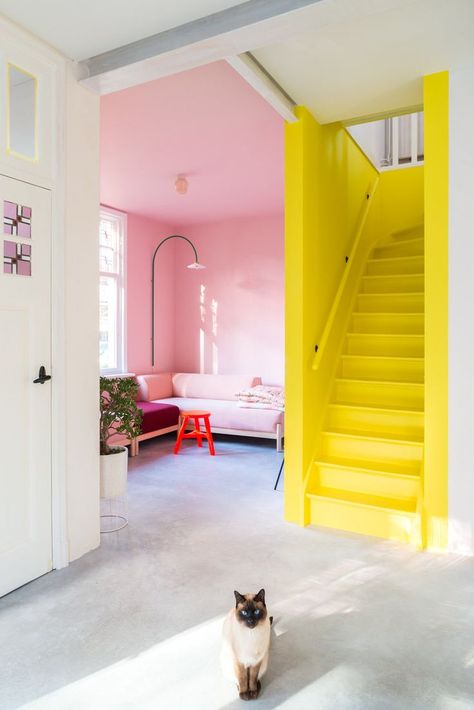 Tour This Colorful + Cheerful Dutch Home Painted Stairs, Pink Living Room, Yellow Home Decor, Foyer Design, Entry Way Design, Stair Risers, Color Mix, Staircase Design, Pink Walls